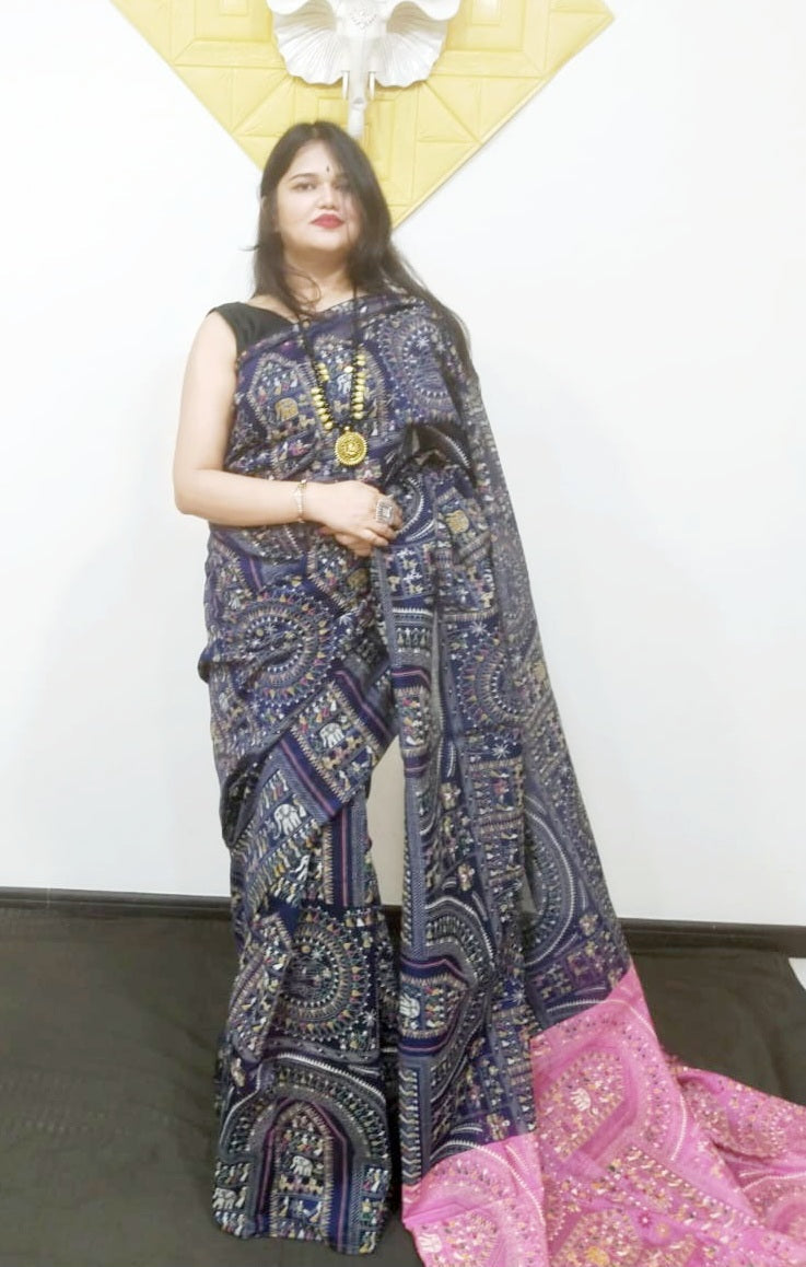 PINK AND NAVY BLUE Madhubani Saree