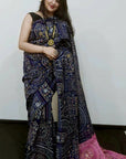 PINK AND NAVY BLUE Madhubani Saree