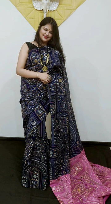 PINK AND NAVY BLUE Madhubani Saree