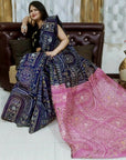 PINK AND NAVY BLUE Madhubani Saree