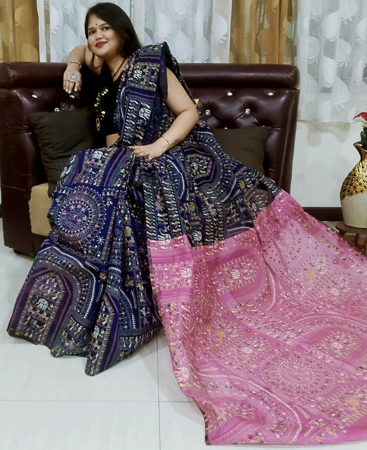 PINK AND NAVY BLUE Madhubani Saree