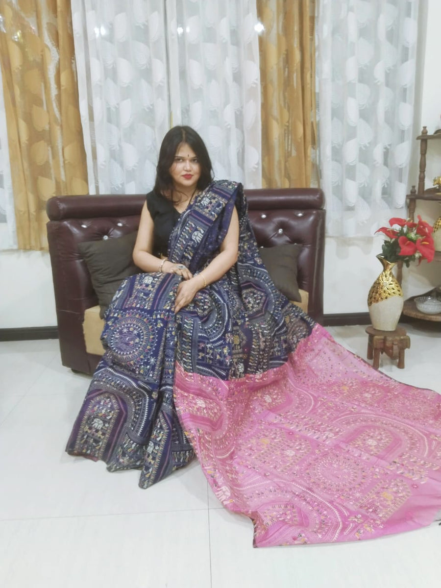 PINK AND NAVY BLUE Madhubani Saree