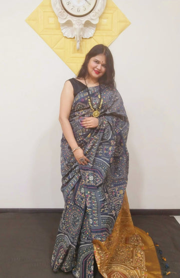 GREY AND GOLDEN Madhubani Saree