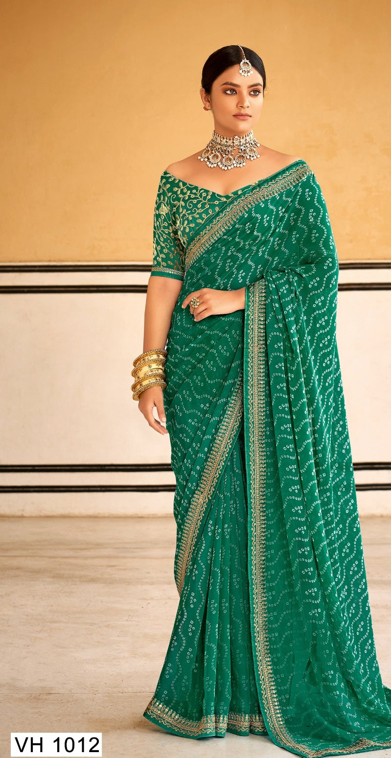 डिज़ाइनर ब्लाउज के साथ प्रिंटेड बंधनी