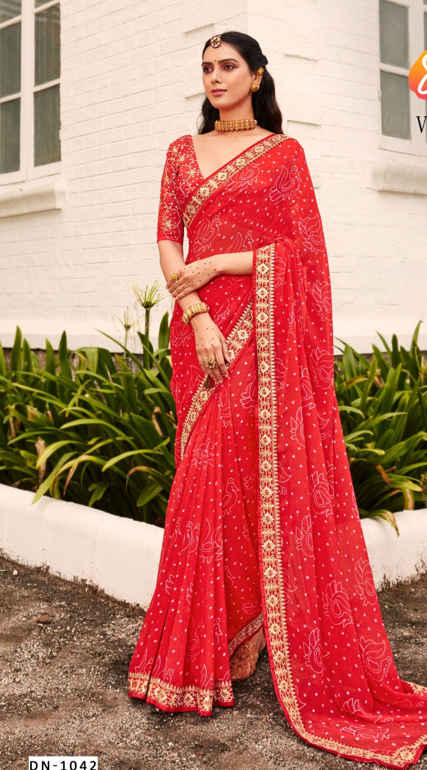 डिज़ाइनर ब्लाउज के साथ प्रिंटेड बंधनी