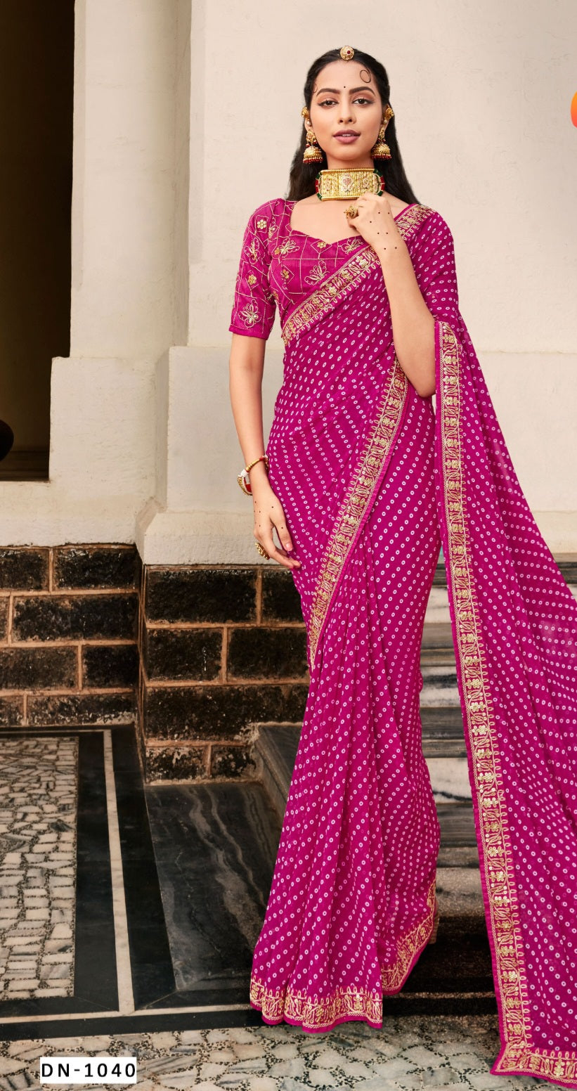 डिज़ाइनर ब्लाउज के साथ प्रिंटेड बंधनी