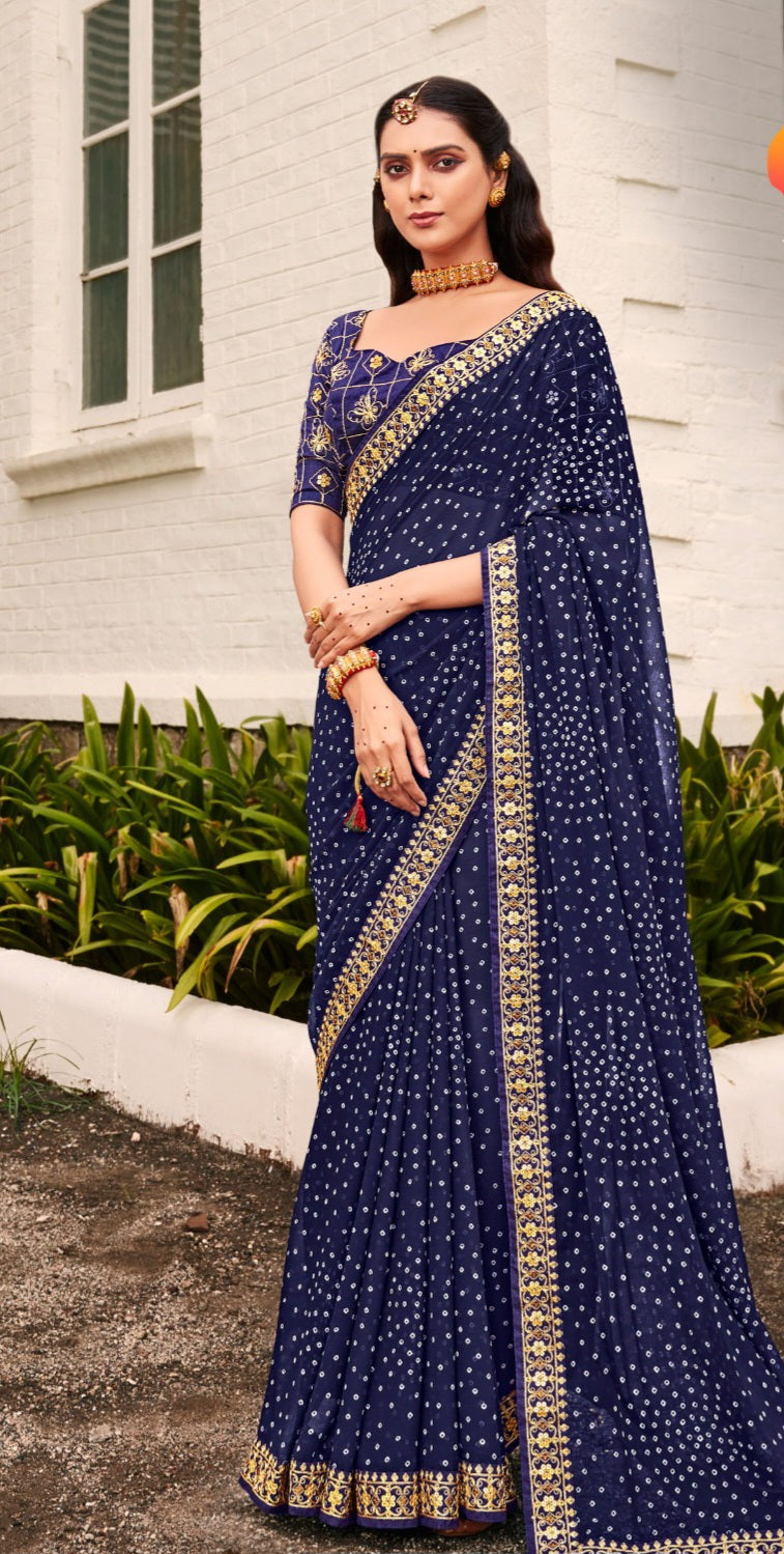 डिज़ाइनर ब्लाउज के साथ प्रिंटेड बंधनी