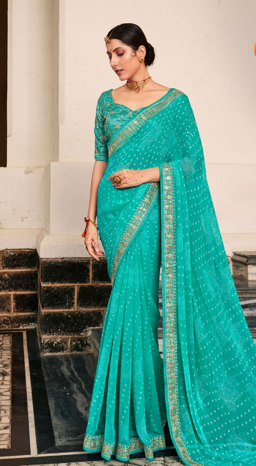 डिज़ाइनर ब्लाउज के साथ प्रिंटेड बंधनी