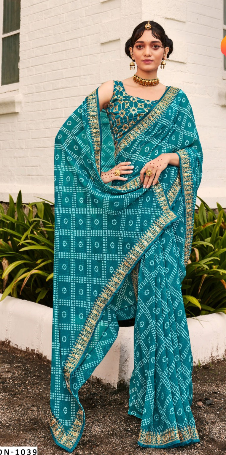 डिज़ाइनर ब्लाउज के साथ प्रिंटेड बंधनी