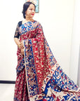 Kalamkari silk red and blue (Machilipatnam) pedana work saree