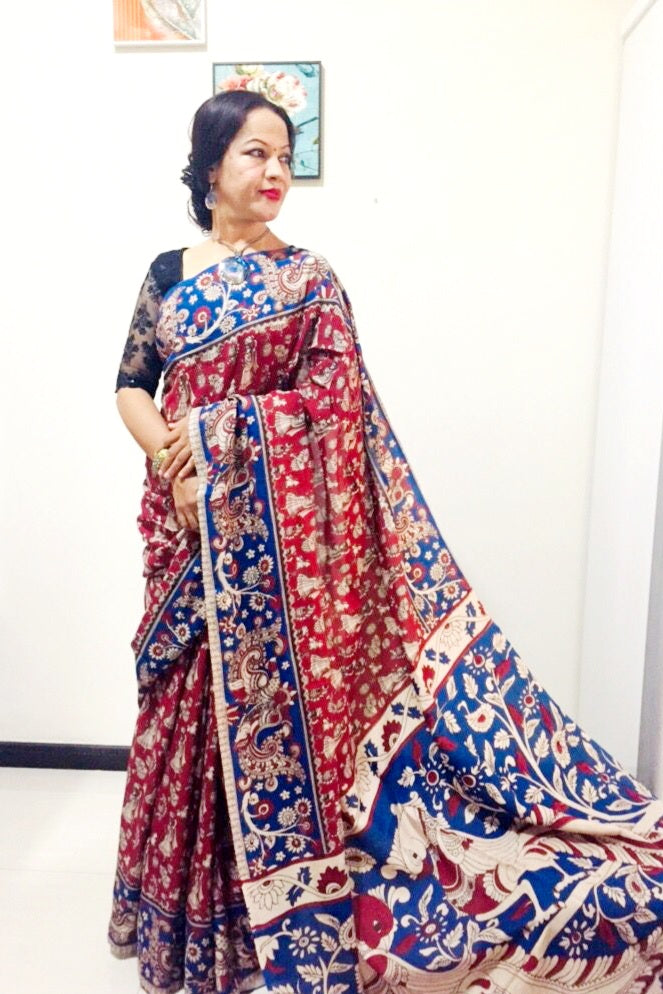 Kalamkari silk red and blue (Machilipatnam) pedana work saree