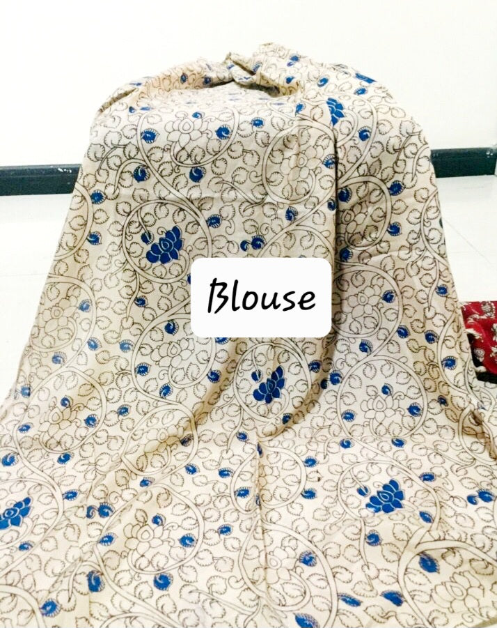 कलमकारी सिल्क रेड एंड ब्लू पेडाना स्टाइल साड़ी