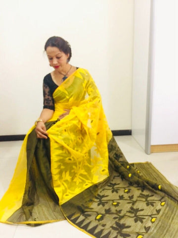 YELLOW AND BLACK Dhakai jamdani saree