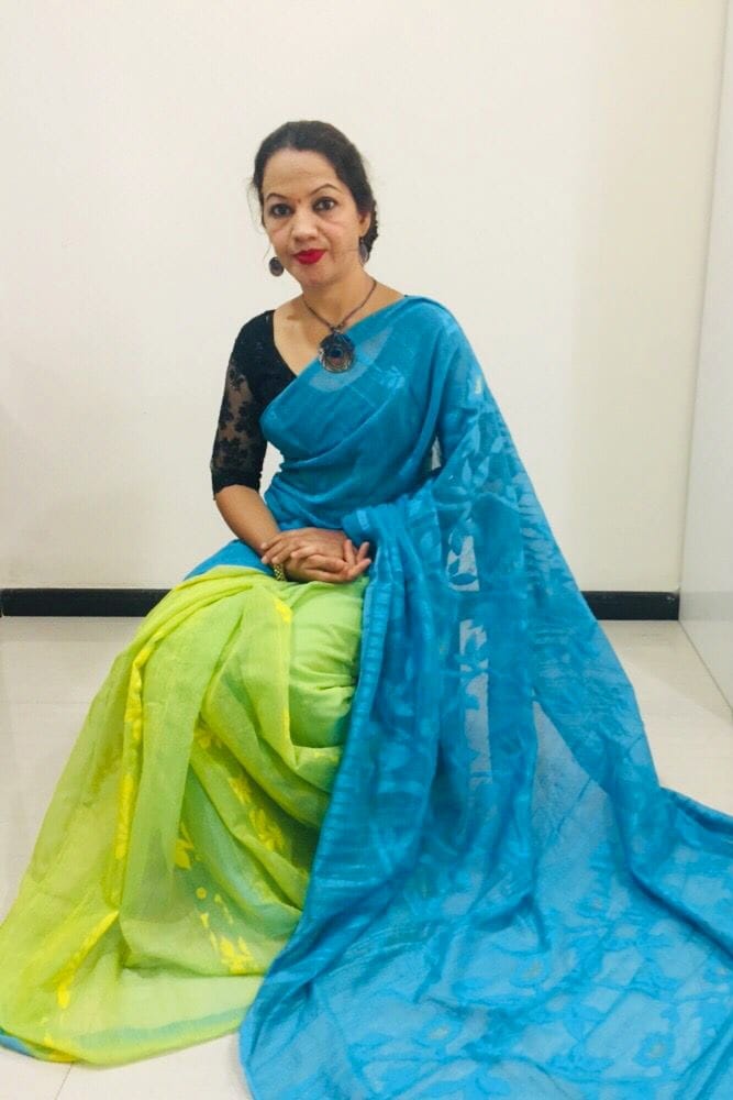 BLUE AND YELLOW Dhakai jamdani saree
