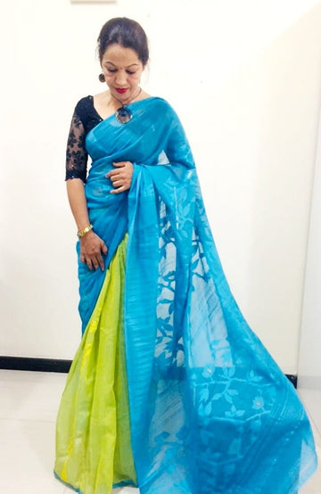 BLUE AND YELLOW Dhakai jamdani saree