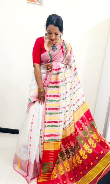 WHITE AND RED Dhakai jamdani saree