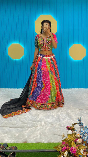 BANDHANI PRINT GEORGETTE PRINTED LEHENGA AND GAMTHI WORK  WITH DESIGNER FULLSTITCHED BLOUSE