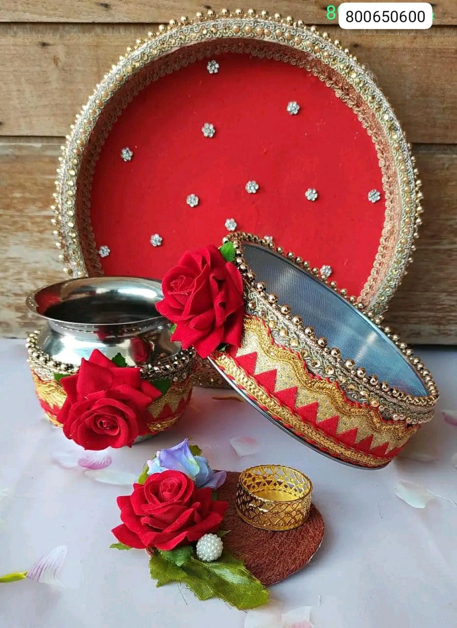 4 piece karwachauth set   Thali Channi  Lauta Thali cover