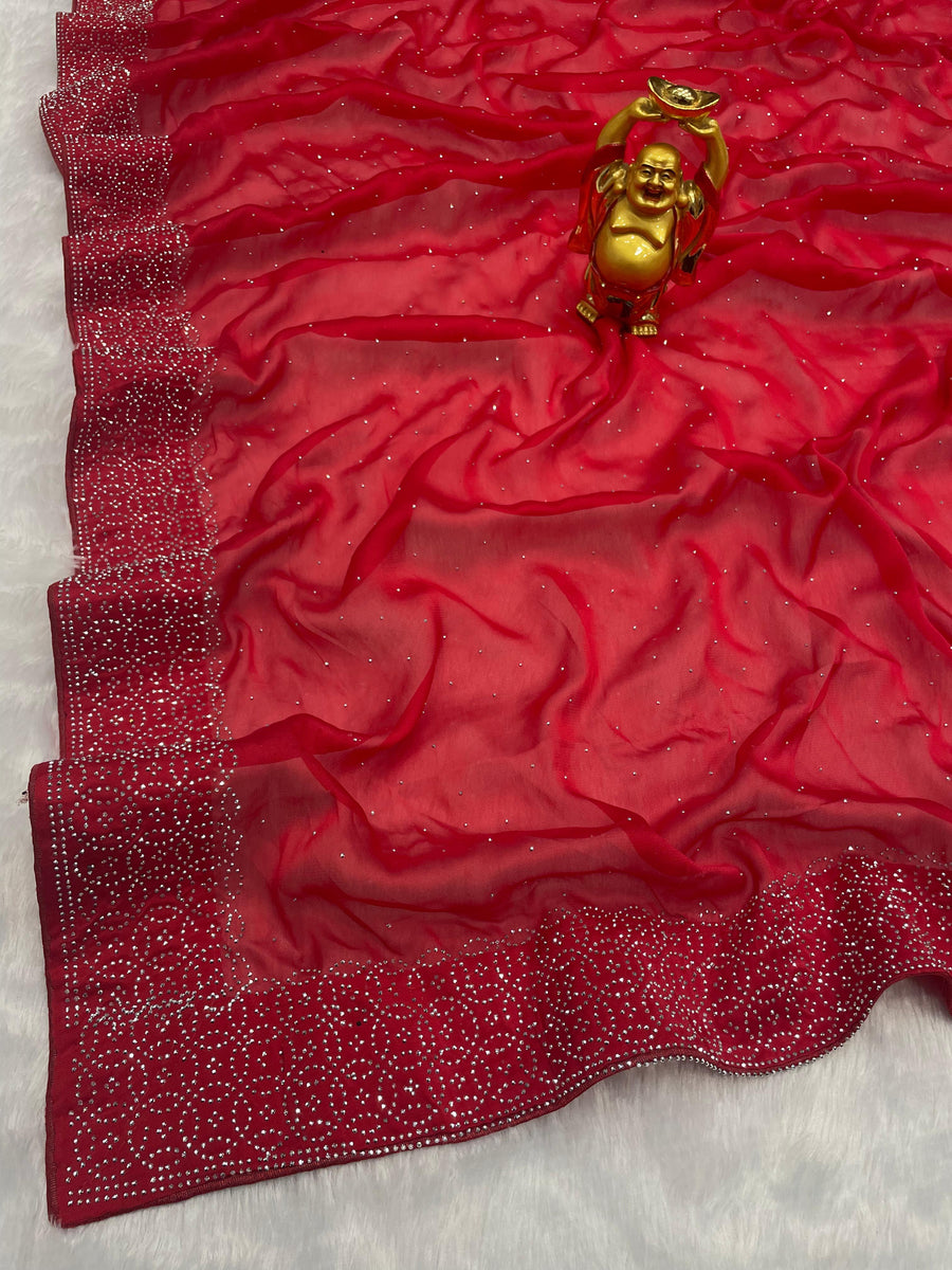 Swarovski  work beautiful red saree