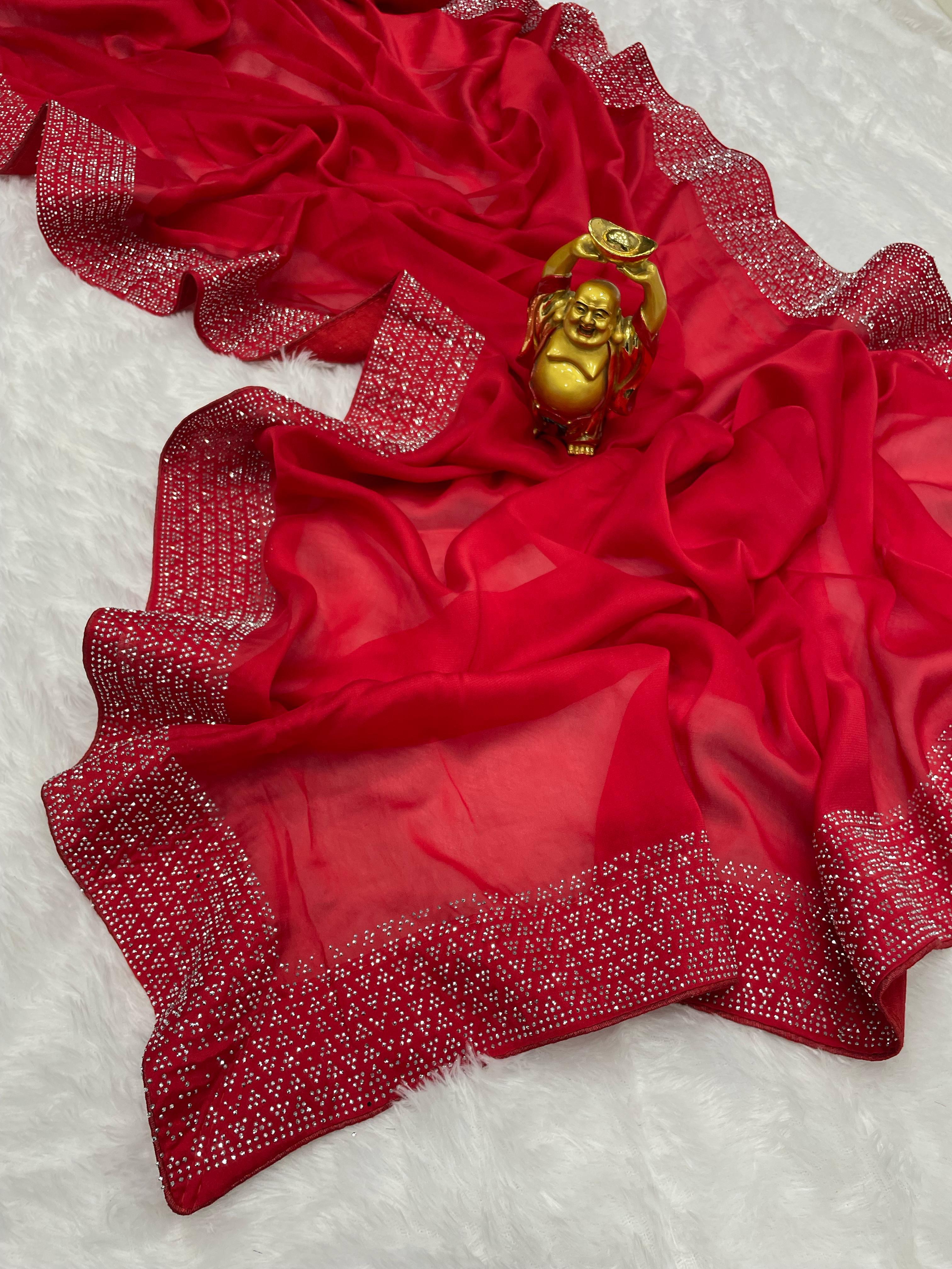 Swarovski  work beautiful red saree