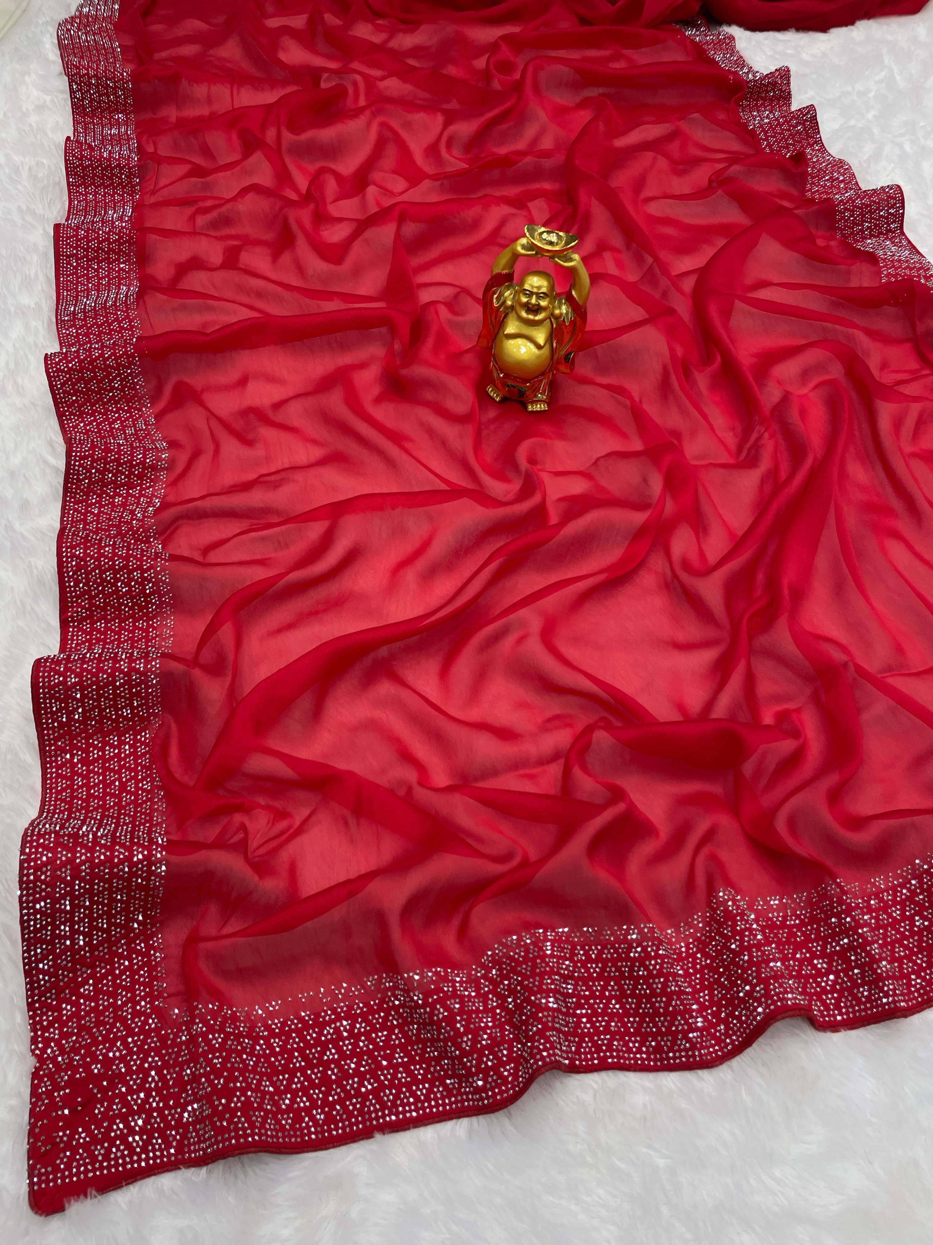 Swarovski  work beautiful red saree
