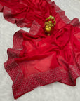 Swarovski  work beautiful red saree