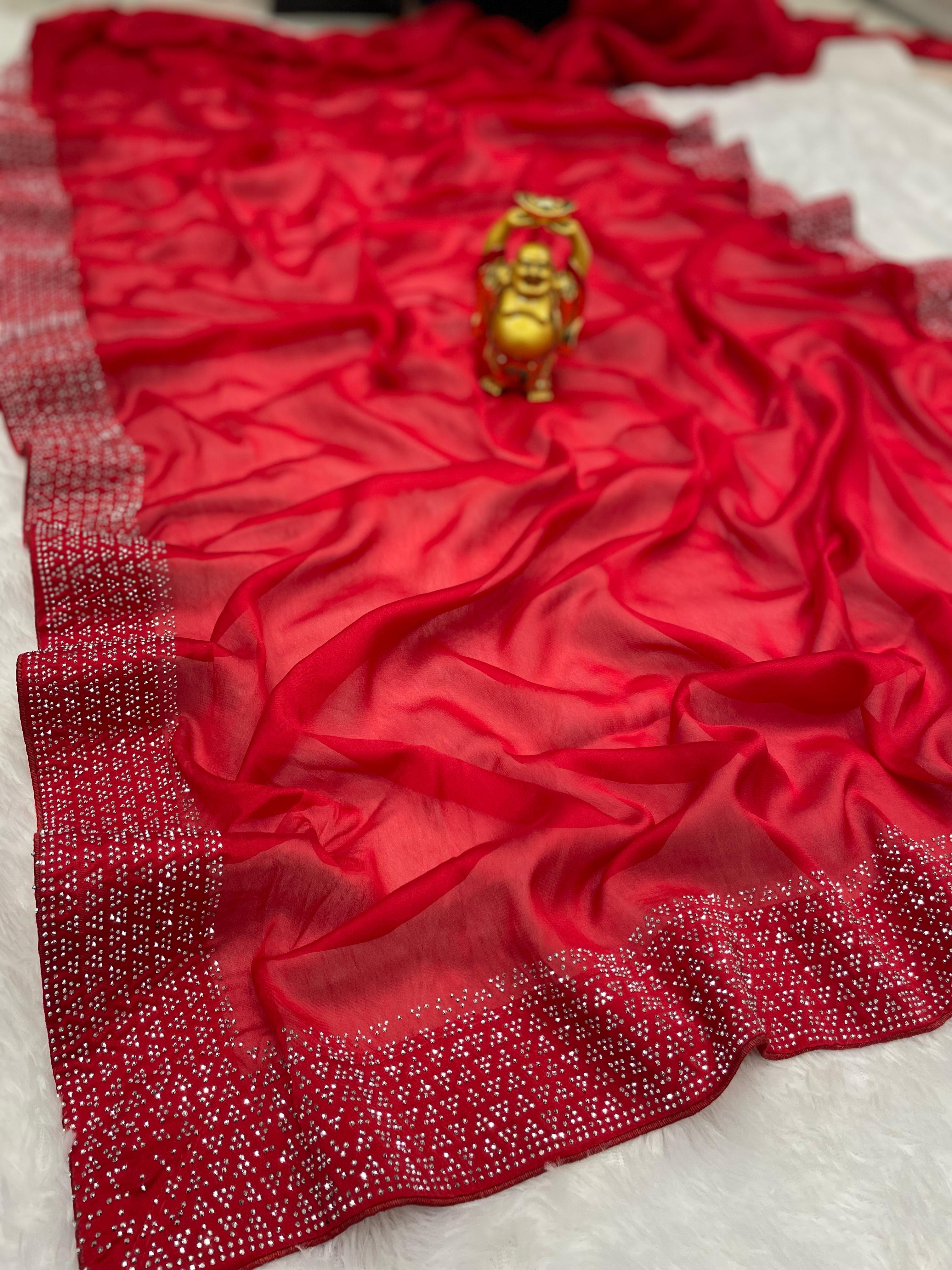 Swarovski  work beautiful red saree