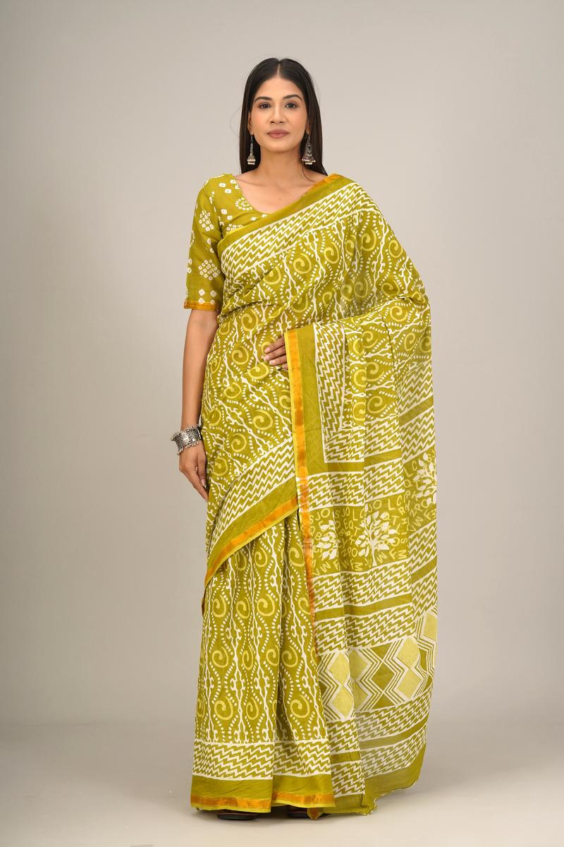 Jaipuri printed Cotton Zari Saree