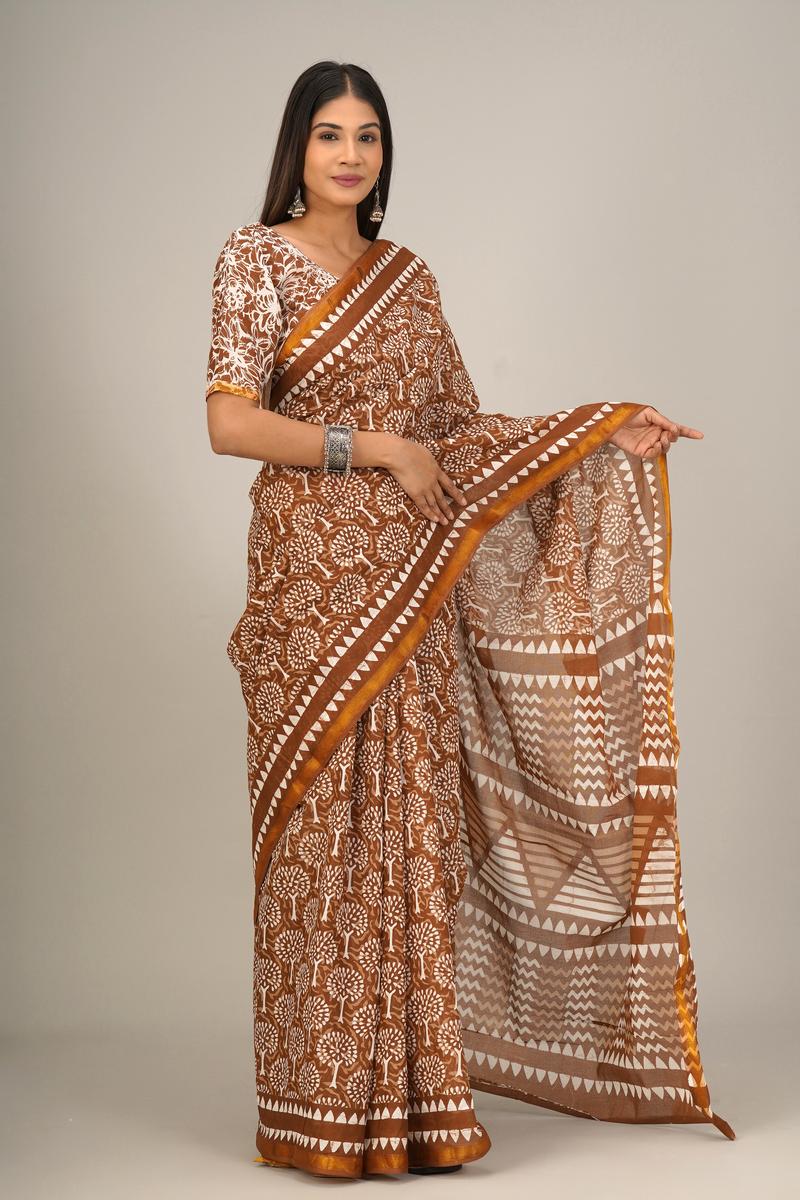 Jaipuri printed Cotton Zari Saree