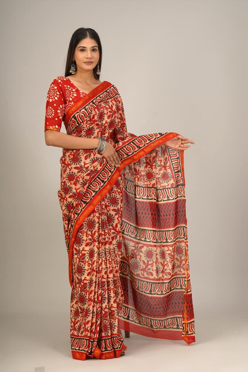 Jaipuri printed Cotton Zari Saree