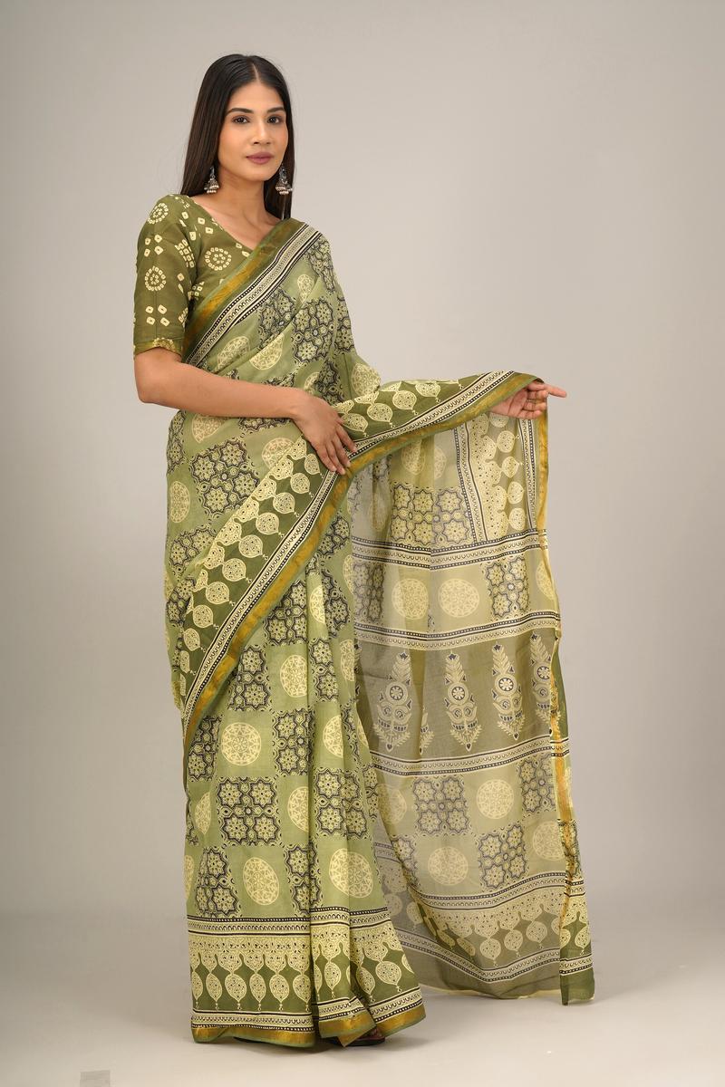 Jaipuri printed Cotton Zari Saree