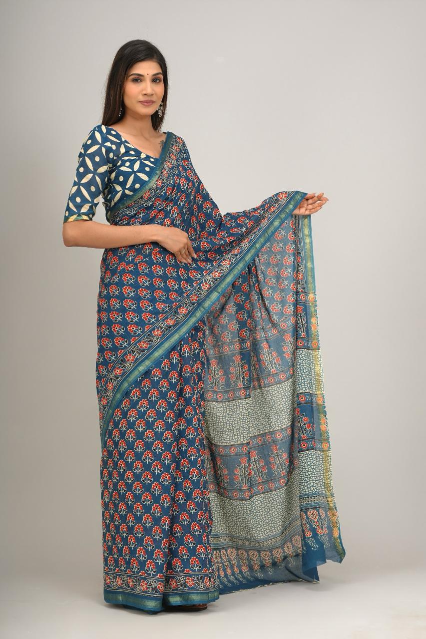 Jaipuri printed Cotton Zari Saree