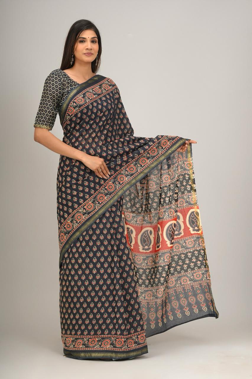 Jaipuri printed Cotton Zari Saree