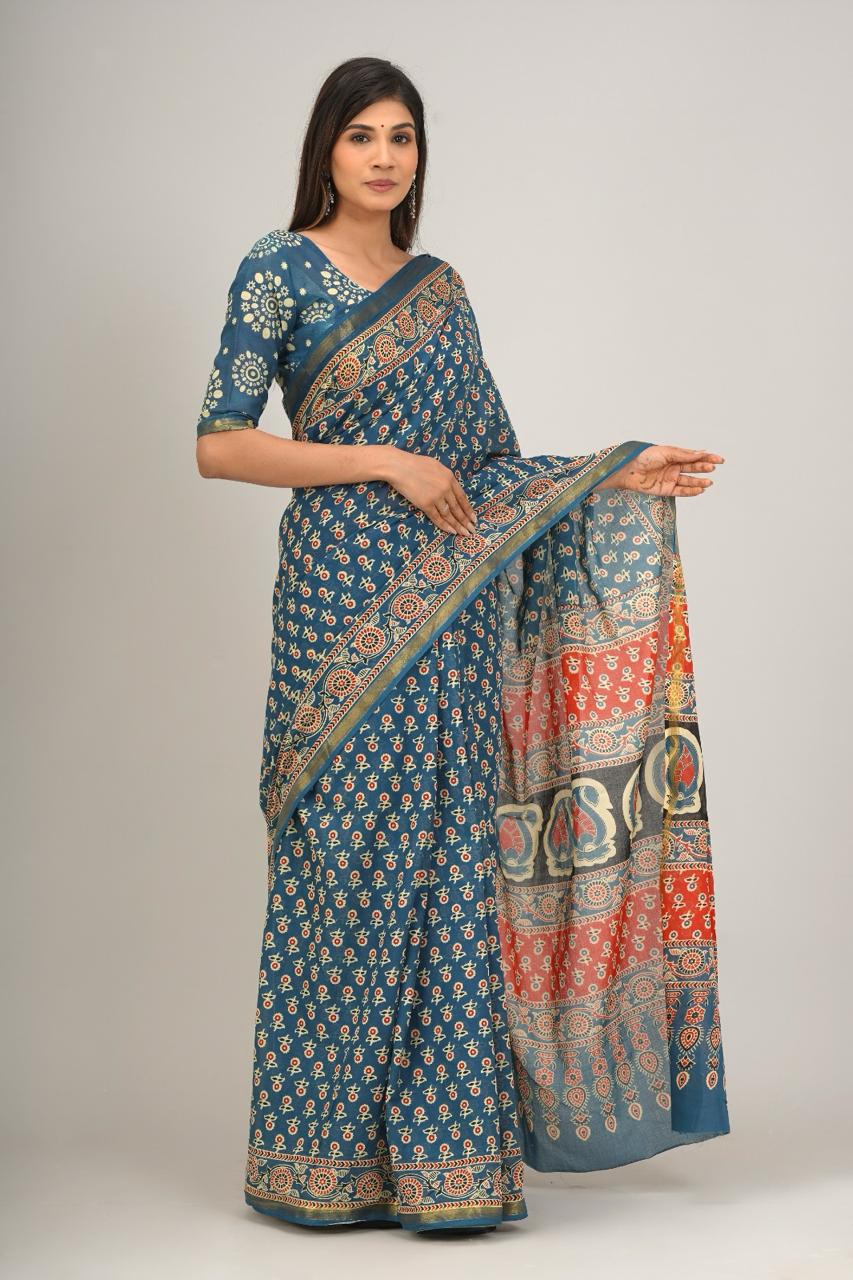 Jaipuri printed Cotton Zari Saree