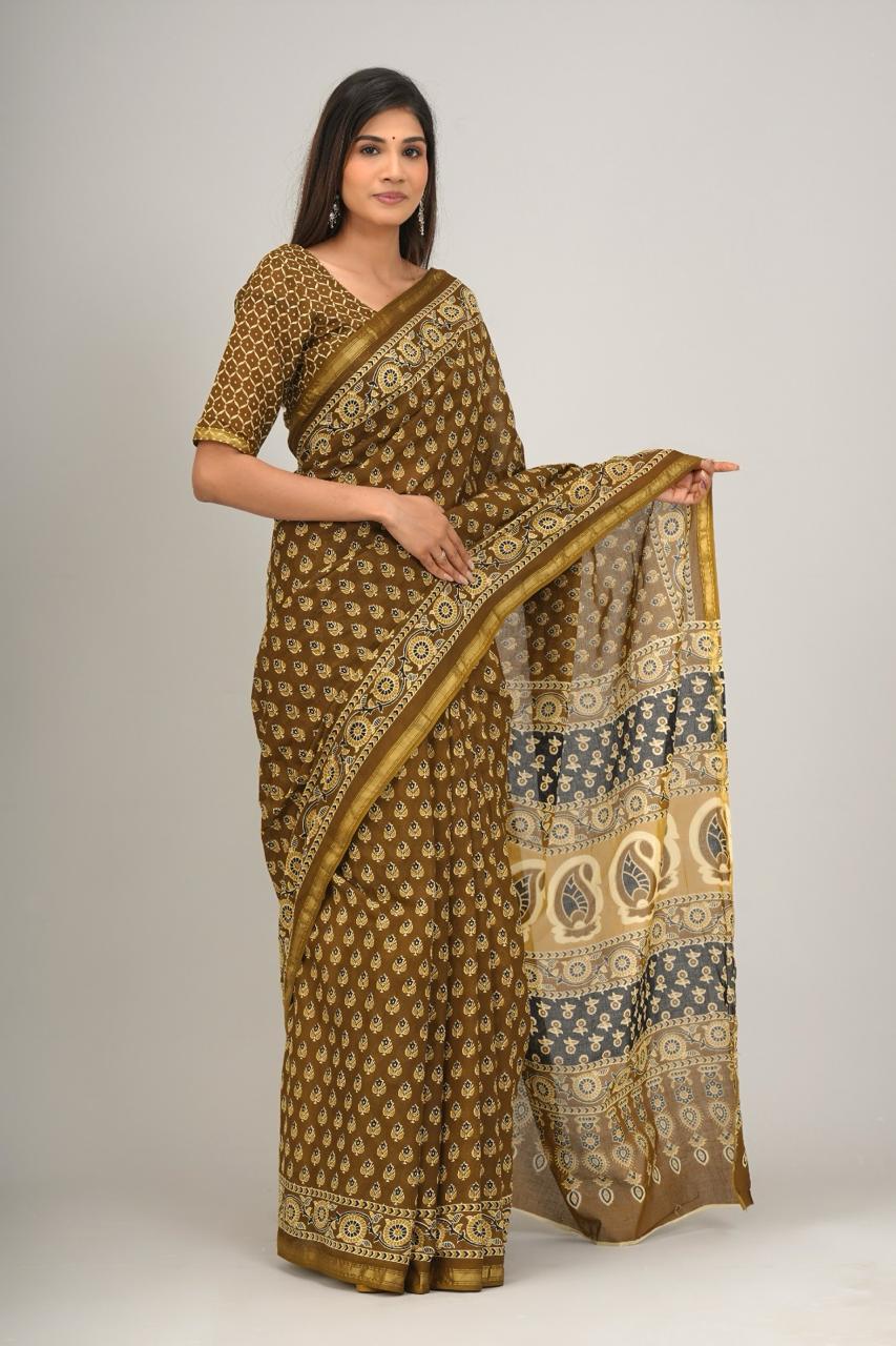 Jaipuri printed Cotton Zari Saree