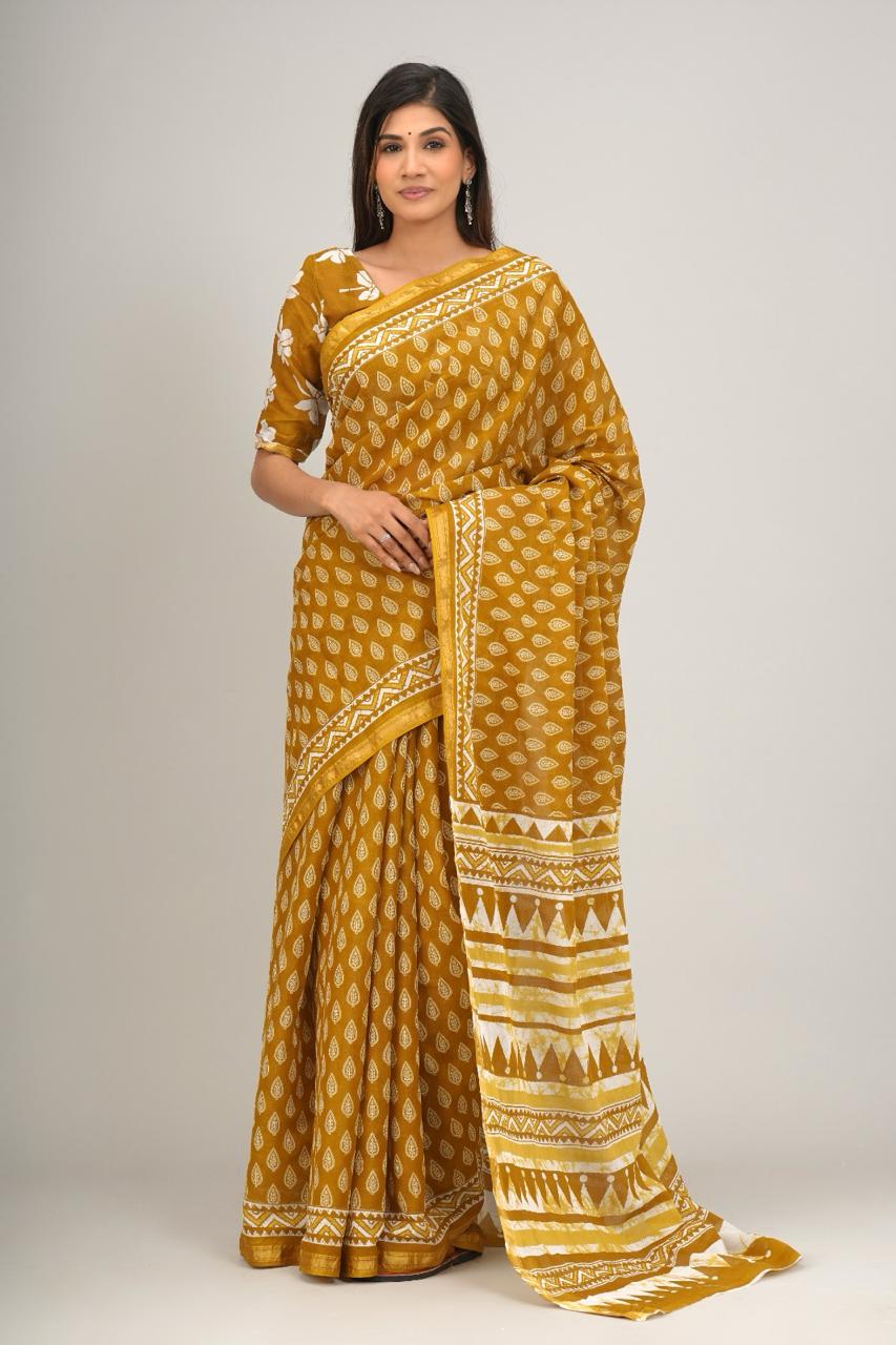Jaipuri printed Cotton Zari Saree