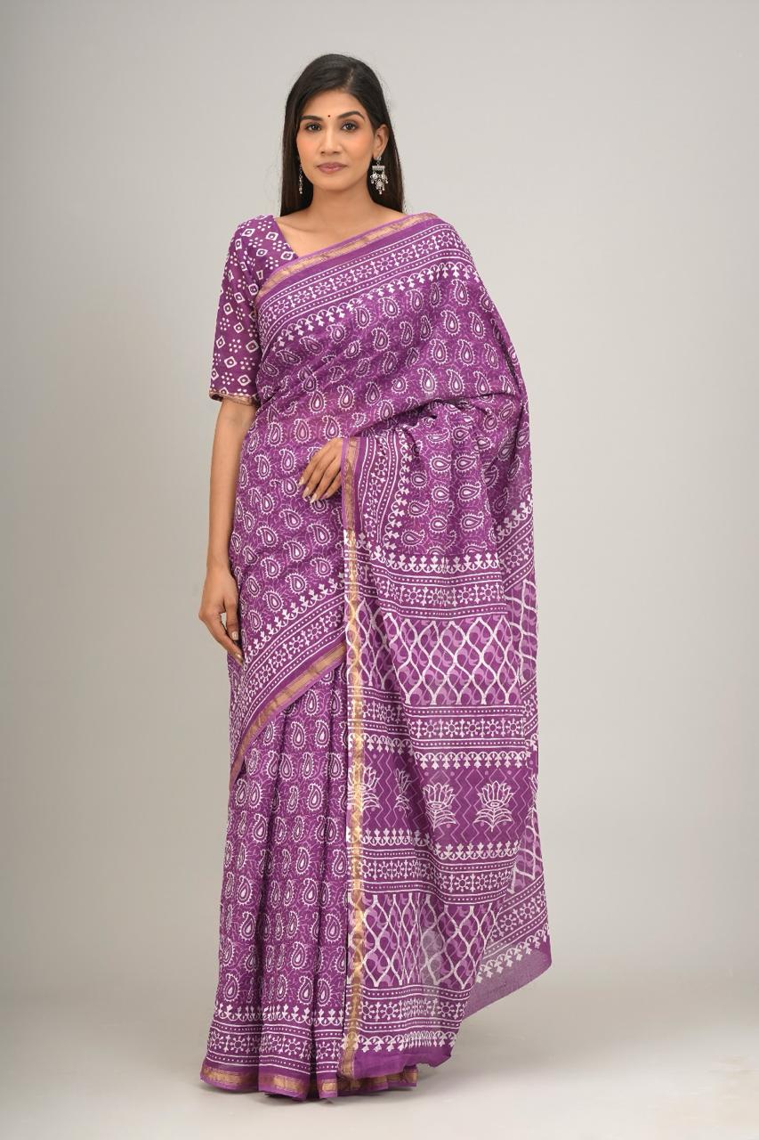 Jaipuri printed Cotton Zari Saree