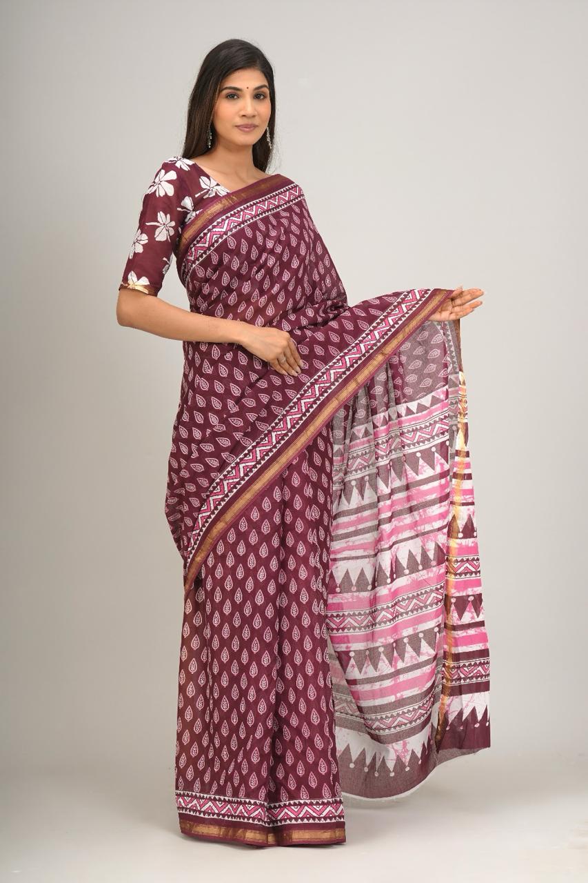 Jaipuri printed Cotton Zari Saree