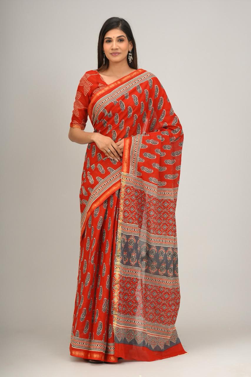 Jaipuri printed Cotton Zari Saree