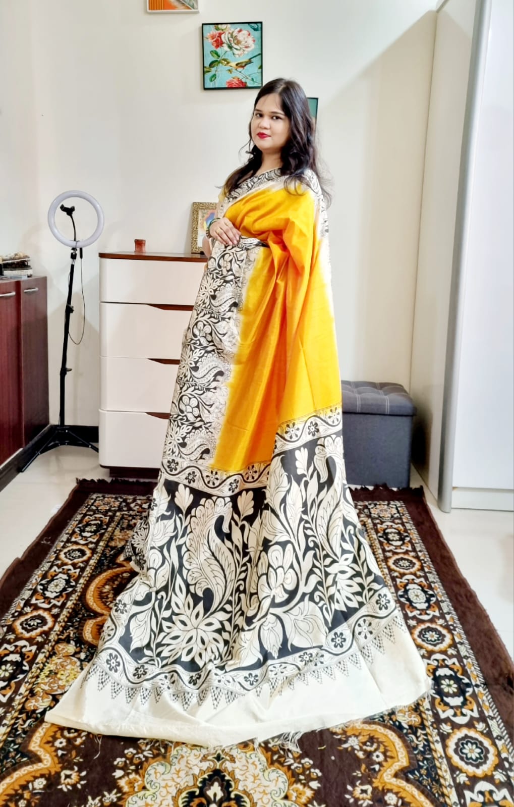 Dhupian silk kalamkari print saree