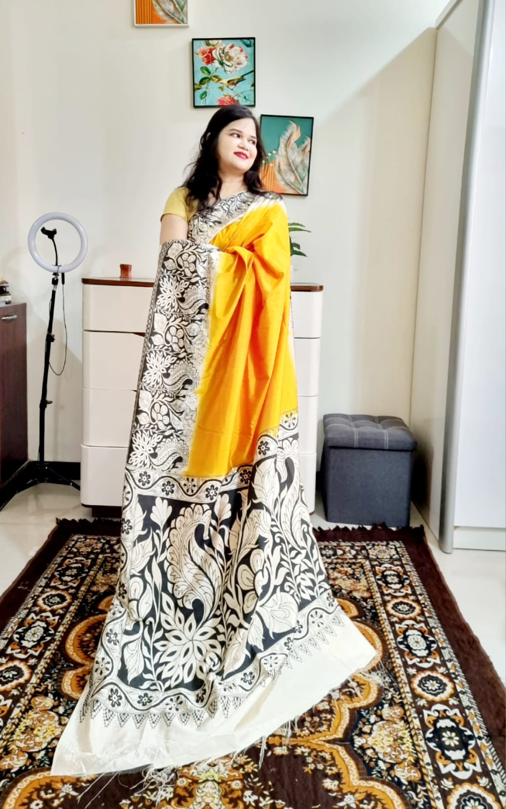 Dhupian silk kalamkari print saree
