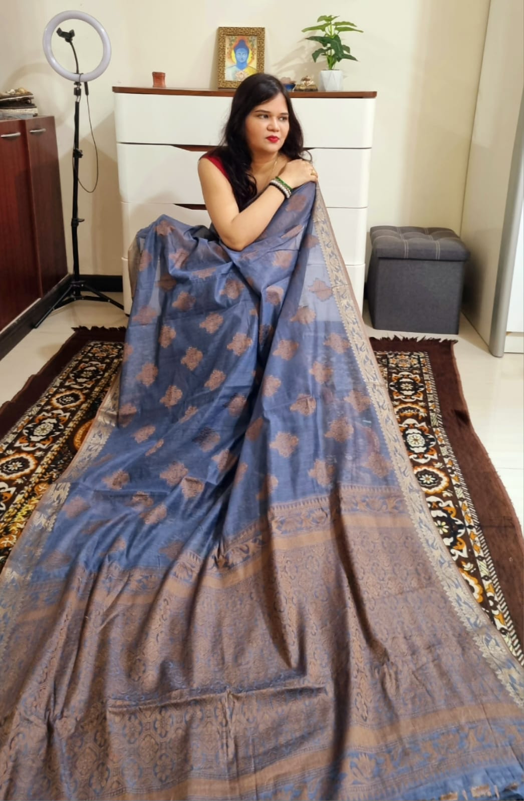 copper zari weaving soft linen cotton saree