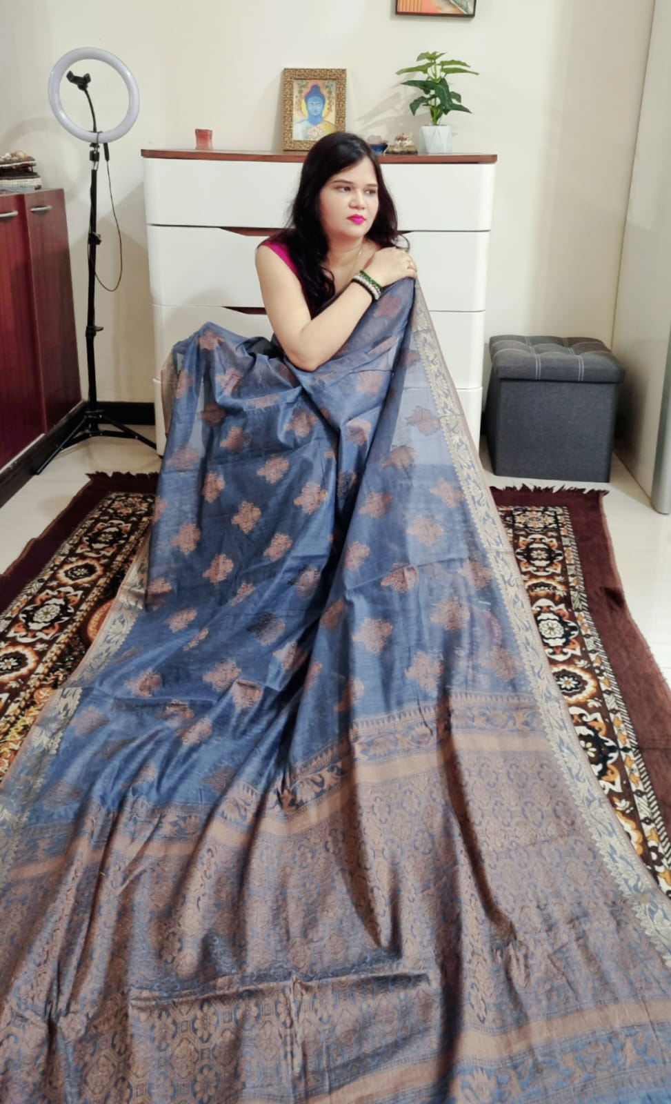 copper zari weaving soft linen cotton saree