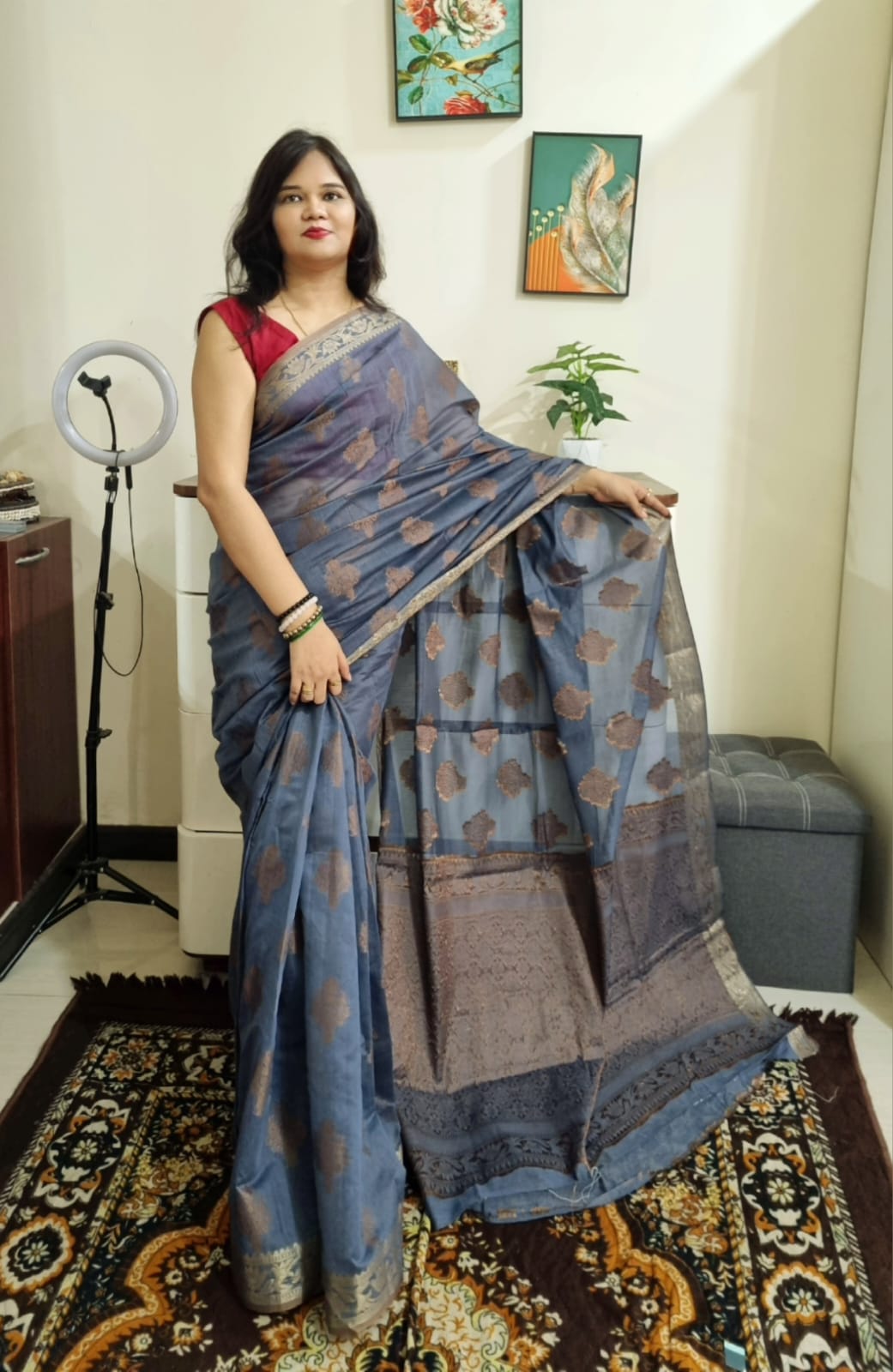 copper zari weaving soft linen cotton saree