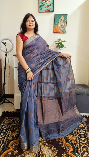 copper zari weaving soft linen cotton saree