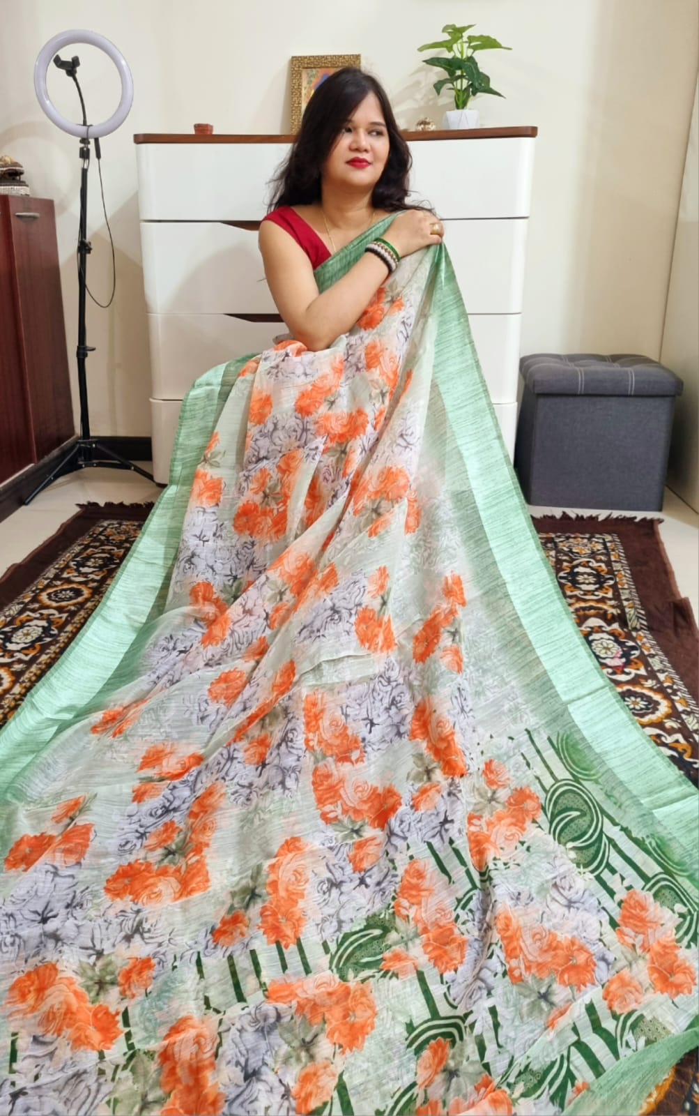 floral digital print linen cotton pista green saree