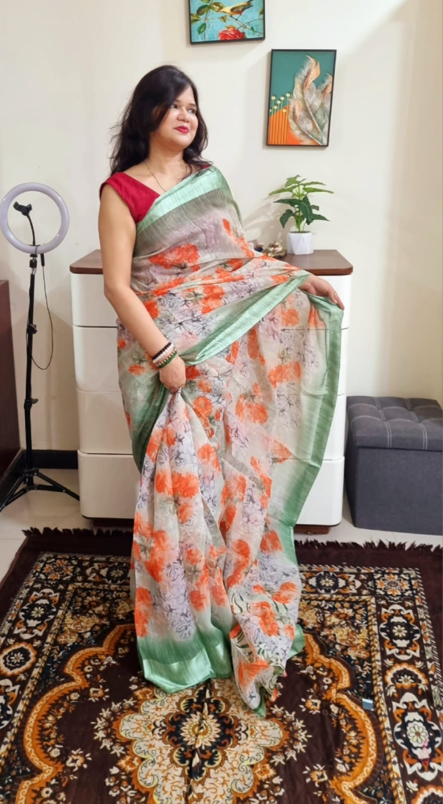 floral digital print linen cotton pista green saree
