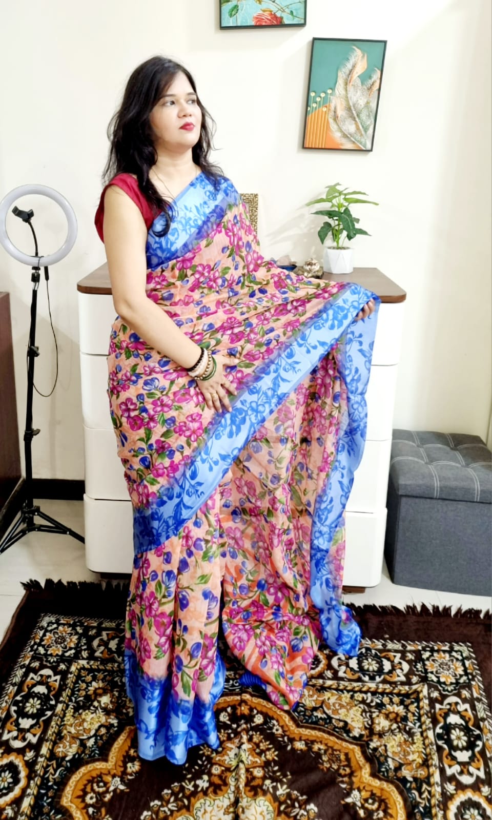 floral digital print linen cotton peach saree