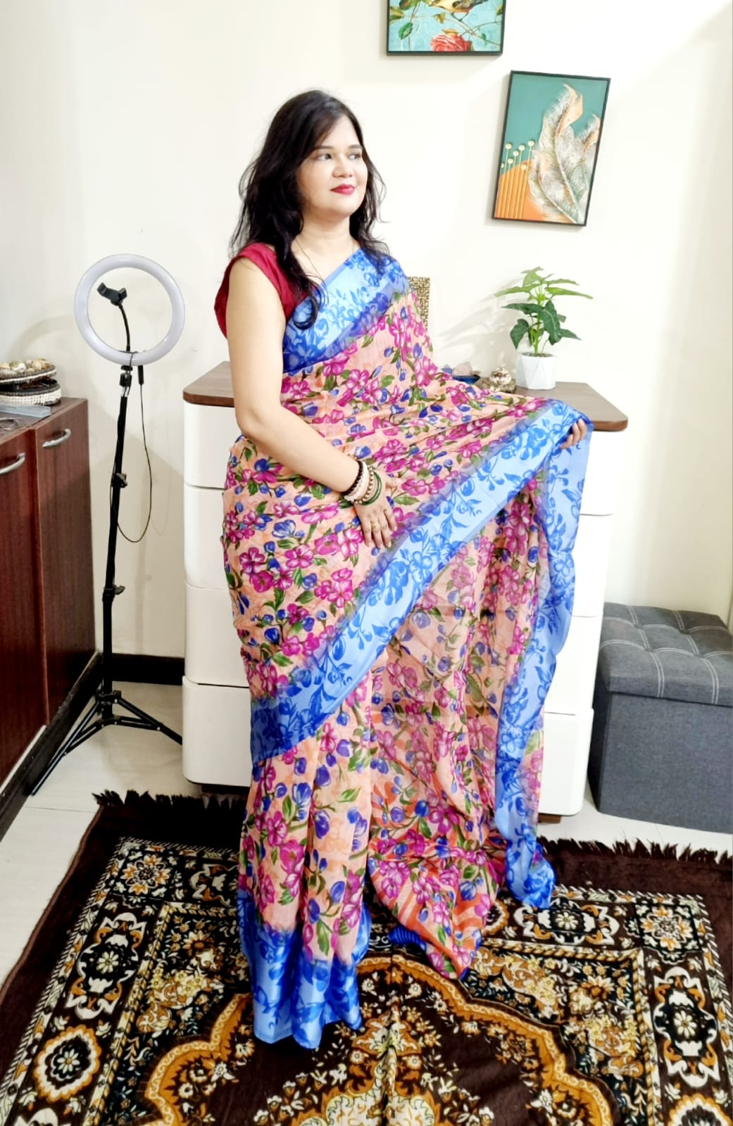 floral digital print linen cotton peach saree