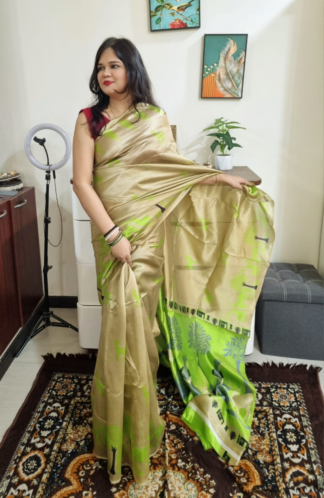 Khadi silk neon green & beige saree